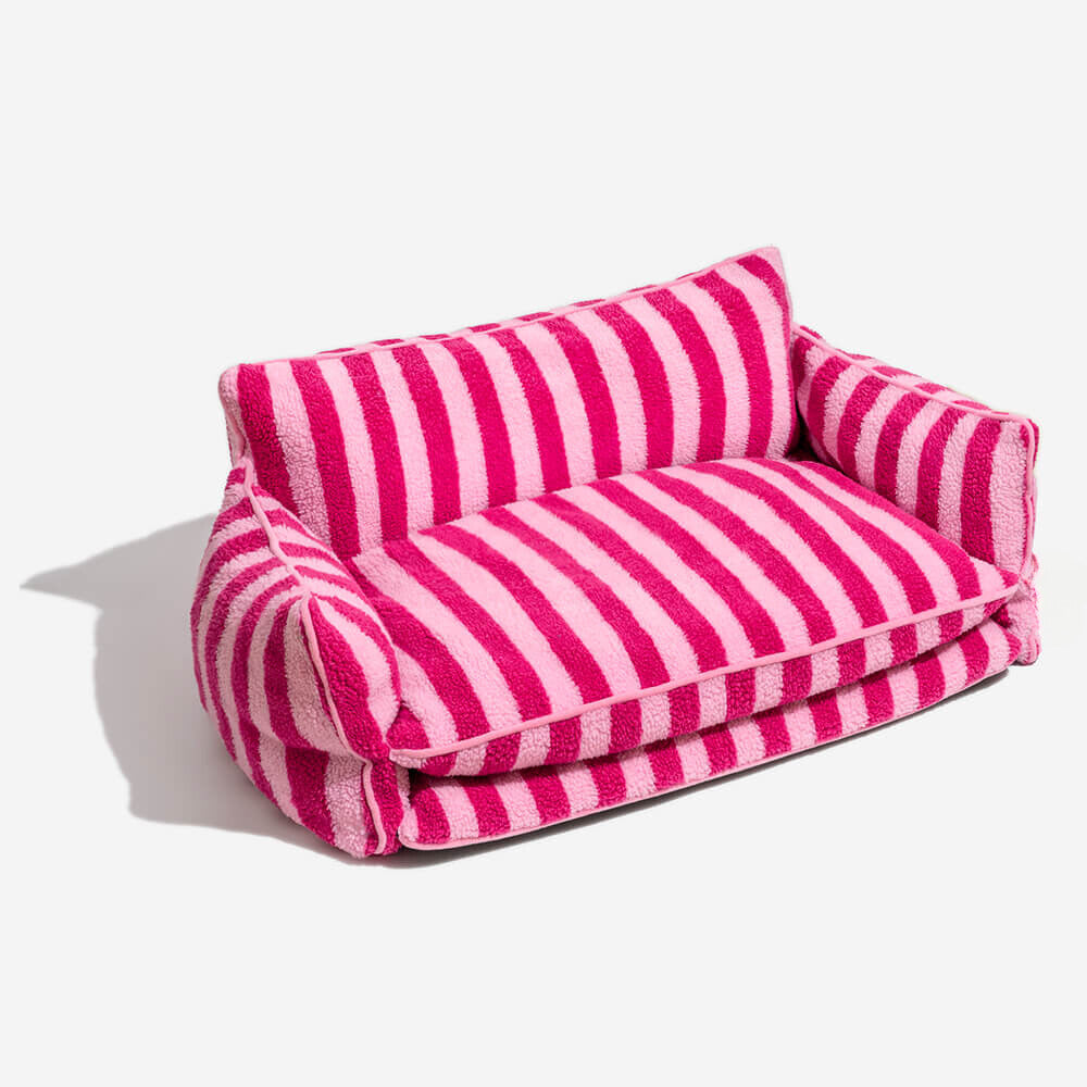 Rose & Pink Striped Faux Lambswool Double Layer Dog & Cat Sofa Bed