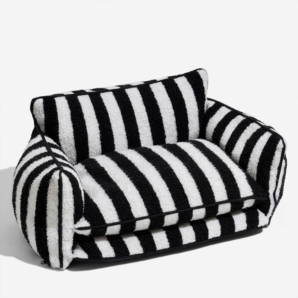 Black & White Striped Faux Lambswool Double Layer Dog & Cat Sofa Bed