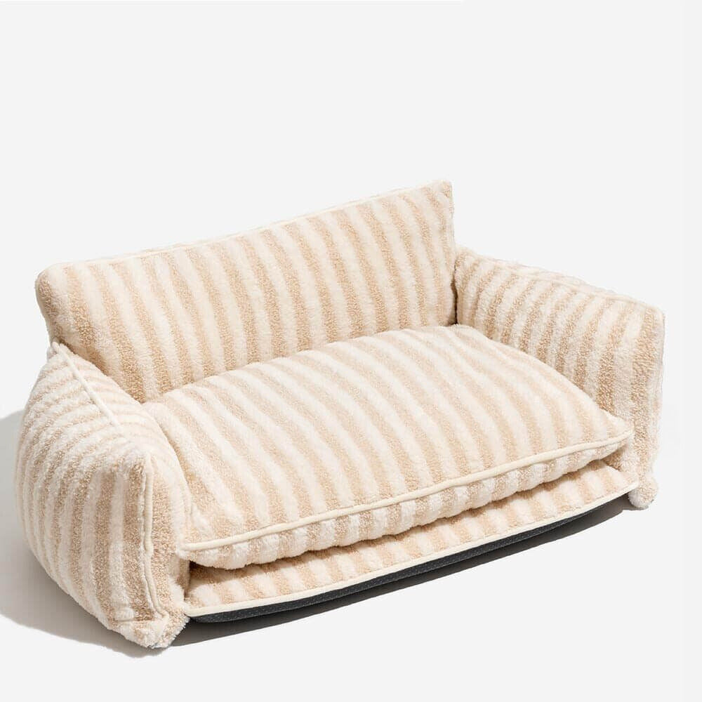 Beige Striped Faux Lambswool Double Layer Dog & Cat Sofa Bed