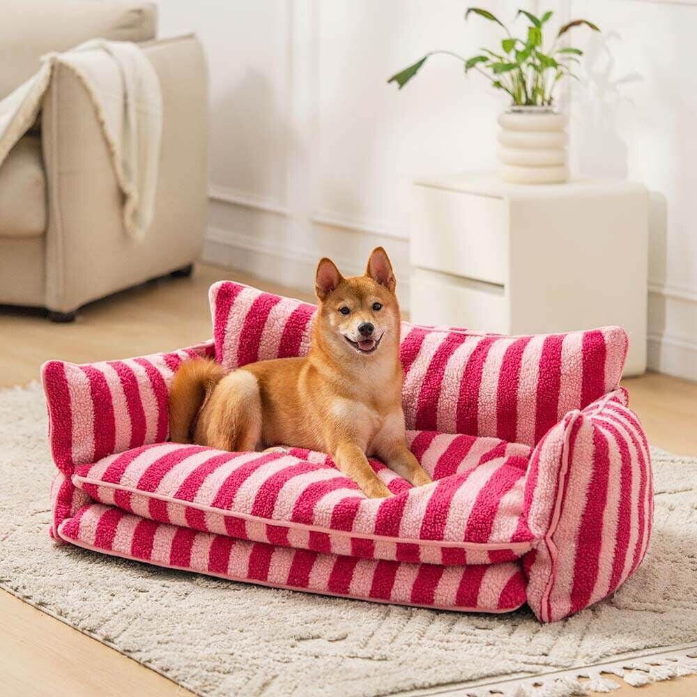 Rose & Pink Striped Faux Lambswool Double Layer Dog & Cat Sofa Bed