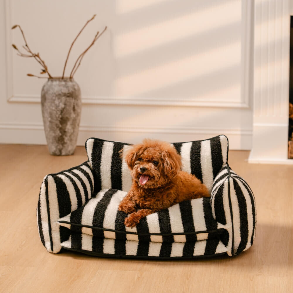 Black & White Striped Faux Lambswool Double Layer Dog & Cat Sofa Bed