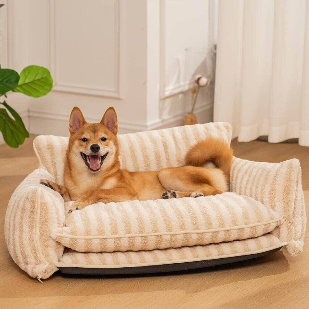 Beige Striped Faux Lambswool Double Layer Dog & Cat Sofa Bed