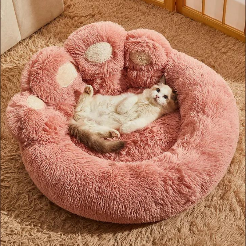 Pink Paw Shaped Calming Plush Pet Bed