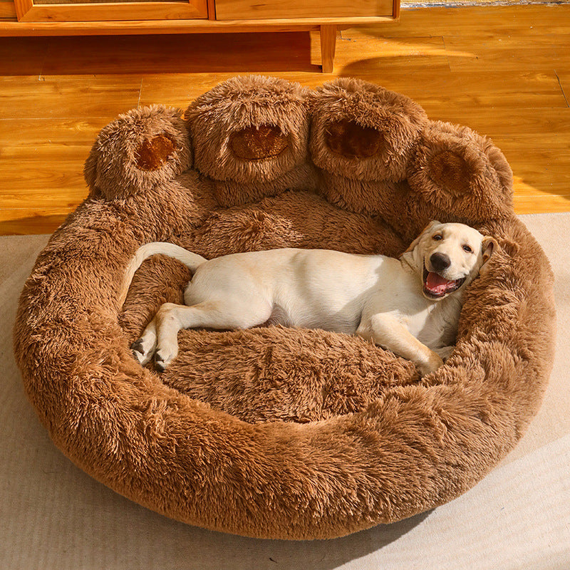 Brown Paw Shaped Calming Plush Pet Bed