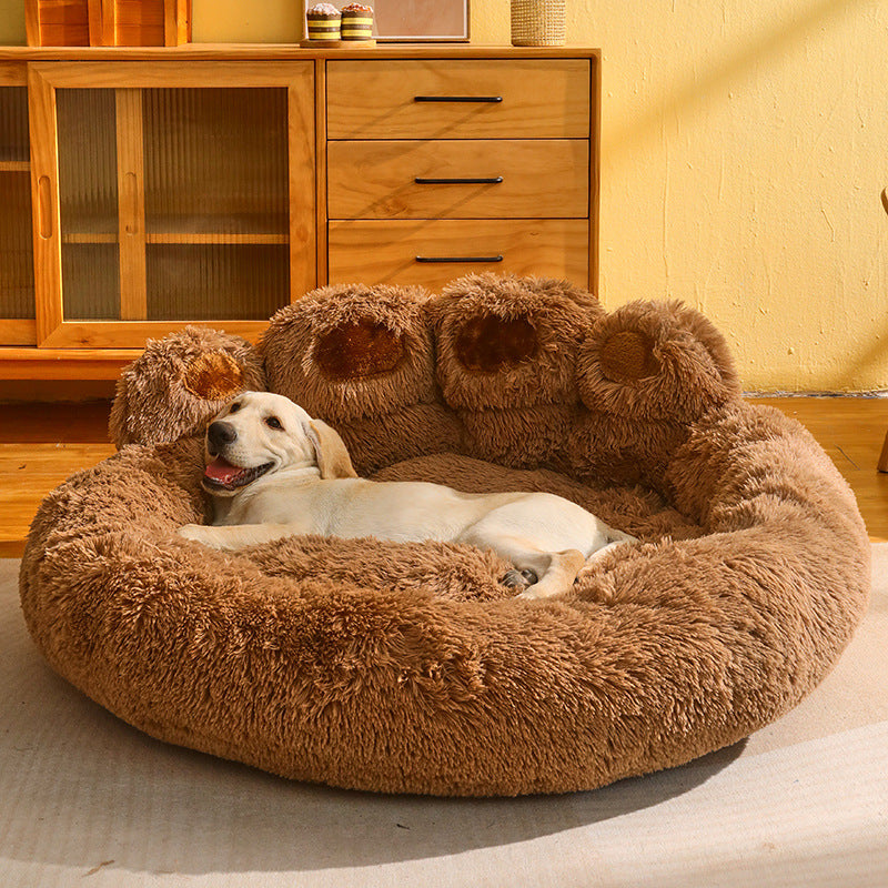 Brown Paw Shaped Calming Plush Pet Bed